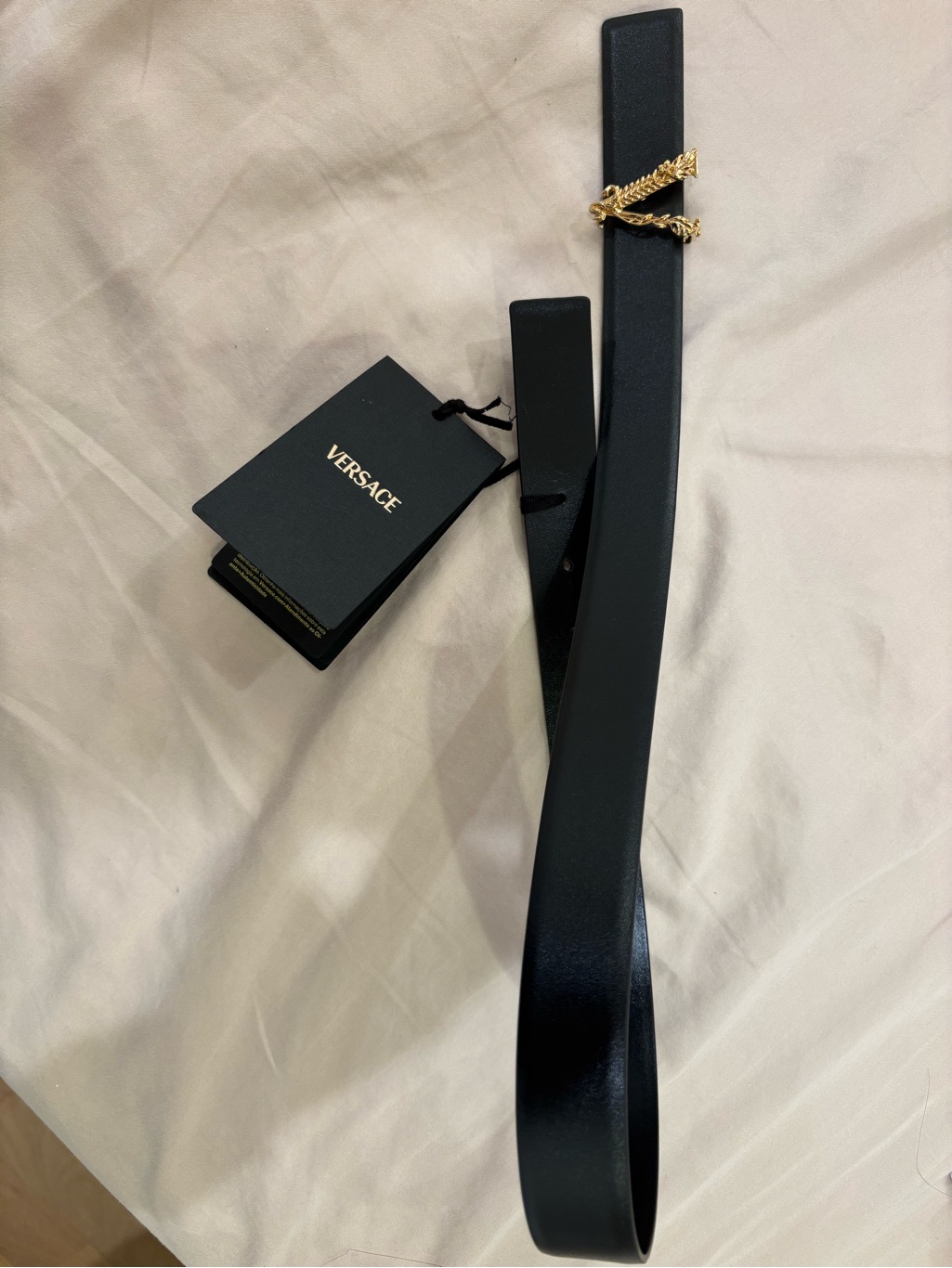 Versace Black Leather Slim Belt With Gold Medusa Chain Accent